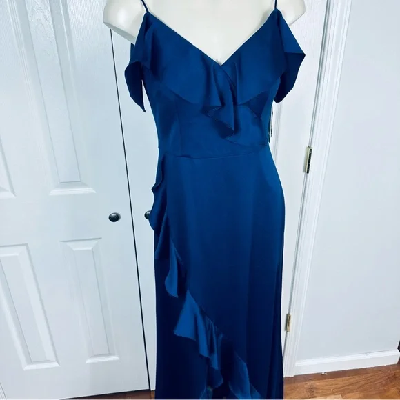 AIDAN MATTOX off the shoulder flounce GOWN navy BLUE wedding prom gown DRESS 6 - Picture 4 of 14